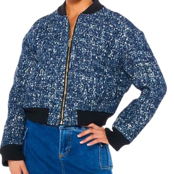 Callie Lives Miz Micro Denim Blue Pixel Weave Akira Bomber Jacket Coat SMALL - Picture 3 of 7